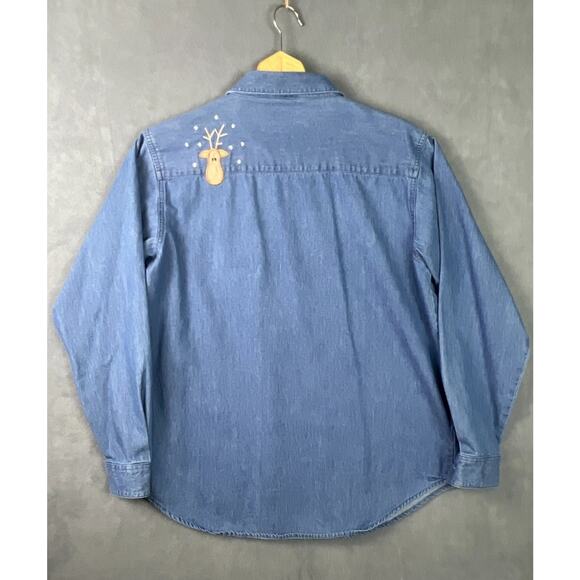 VTG Denim Embroidered Christmas Shirt Women’s Sz M Cotton Button Up Santa 90s - Picture 5 of 9